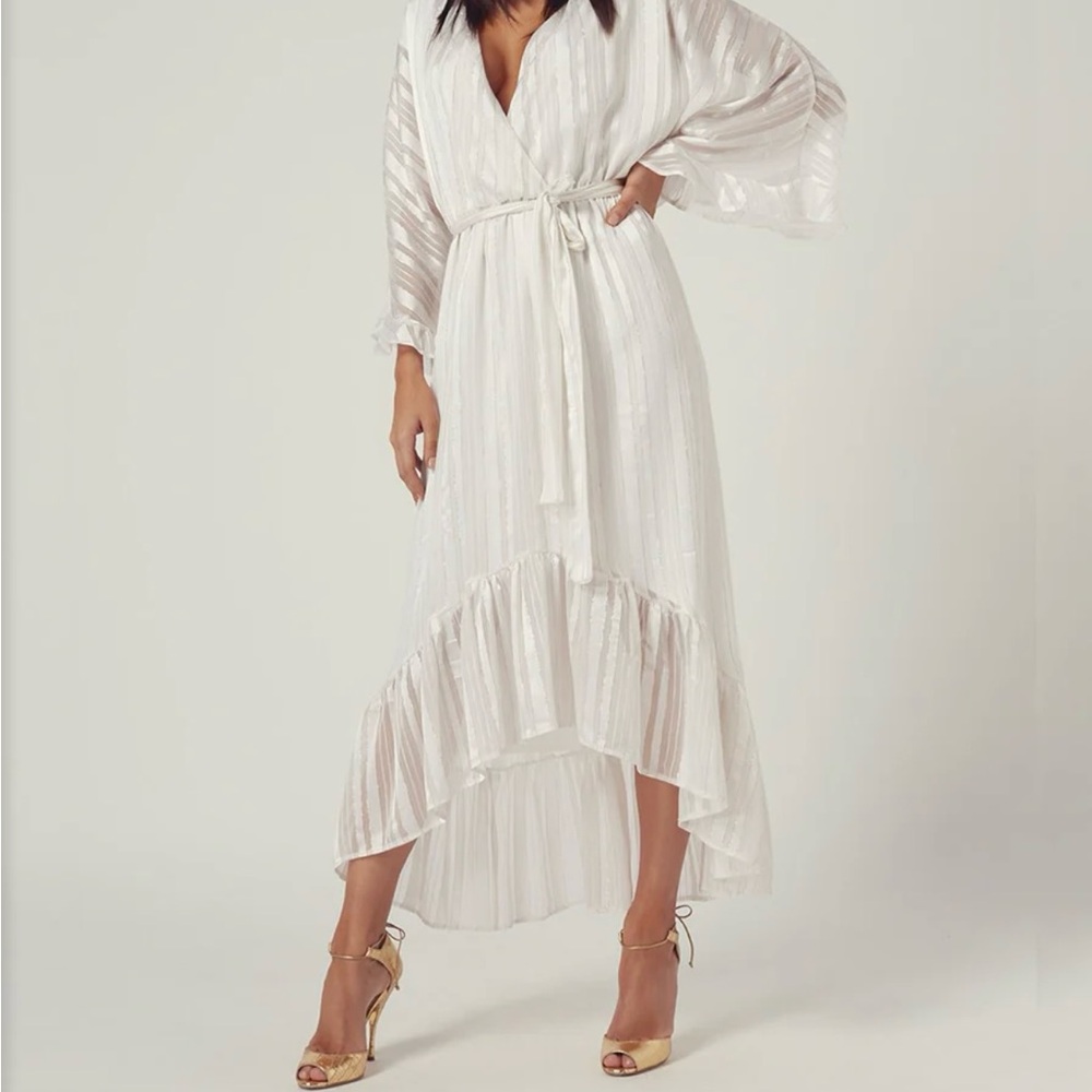 Melissa Odabash White Asymmetrical Gown with Bishop Sleeves